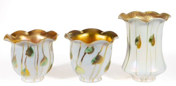 ASSORTED FOSTORIA HEART AND VINE PATTERNED IRIS ART GLASS LAMP SHADES, LOT OF THREE