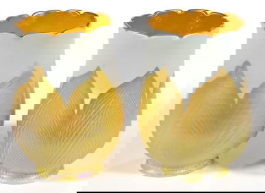 SIGNED "QUEZAL" PULLED FEATHER IRIDESCENT ART GLASS LAMP SHADES, PAIR