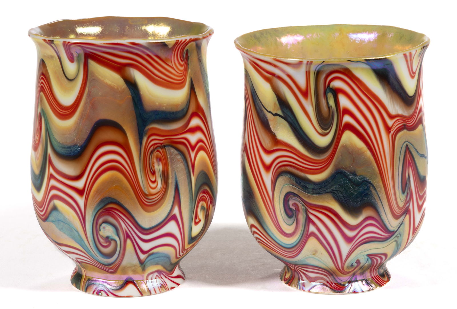 QUEZAL / DURAND ATTRIBUTED KING TUT ART GLASS LAMP SHADES, PAIR: QUEZAL / DURAND ATTRIBUTED KING TUT ART GLASS LAMP SHADES, PAIR, gold iridescent with vibrant red and peacock green/blue swirling, soft gold iridescent interior with light ribbing mold, flori-for