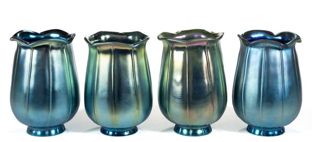 RIBBED IRIDESCENT ART GLASS LAMP SHADES, SET OF FOUR