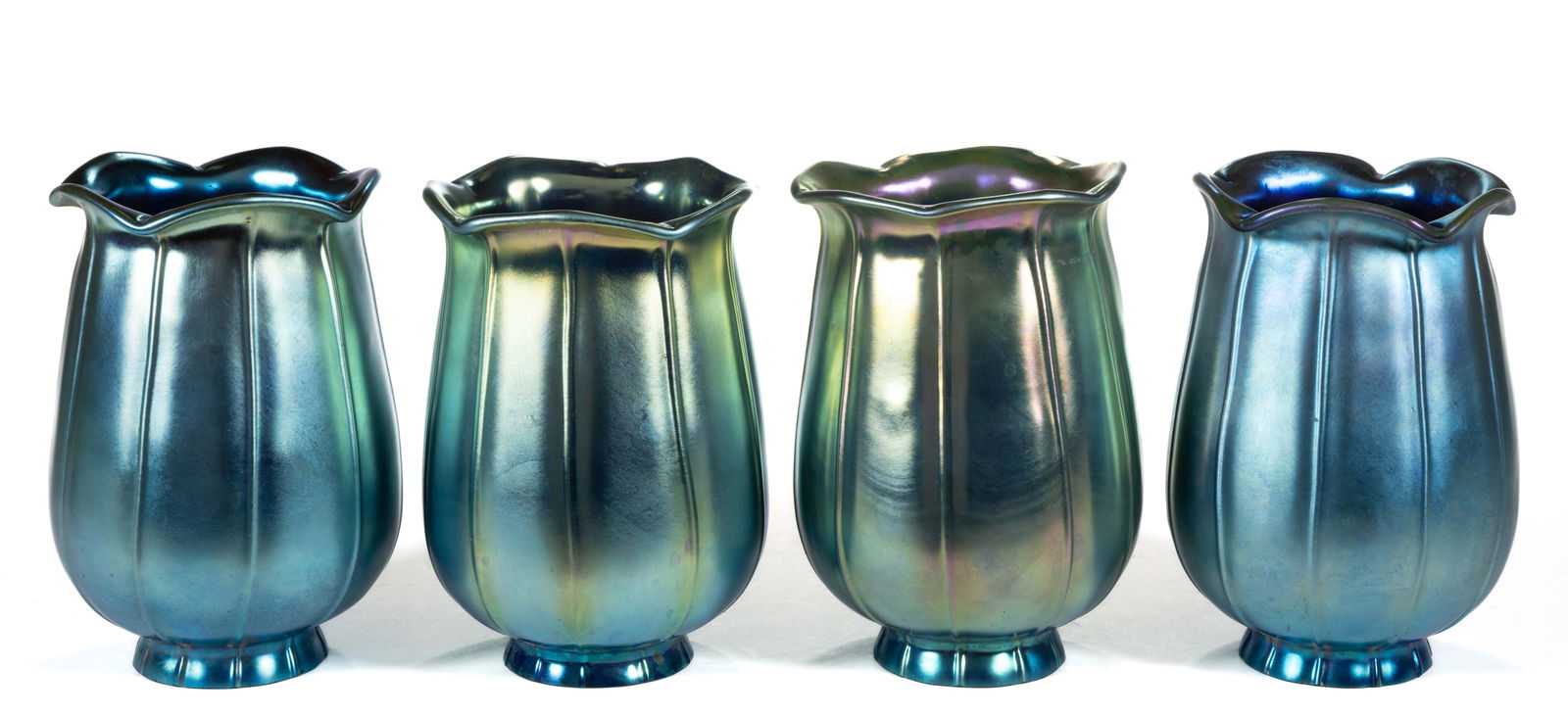 RIBBED IRIDESCENT ART GLASS LAMP SHADES, SET OF FOUR (1 of 2)