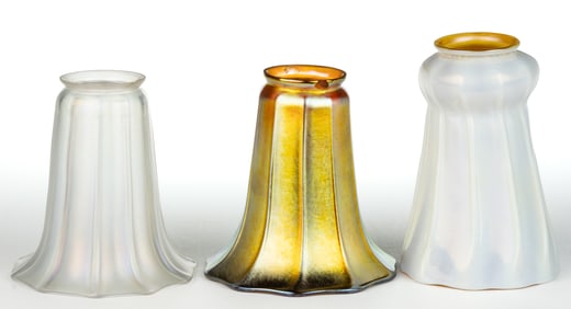 ASSORTED STEUBEN IRIDESCENT ART GLASS ELECTRIC LAMP SHADES, LOT OF THREE