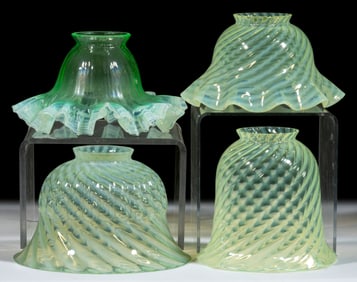 ASSORTED VASELINE OPALESCENT ELECTRIC LAMP SHADES, LOT OF FOUR