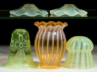 ASSORTED VASELINE OPALESCENT AND OTHER ELECTRIC / KEROSENE LAMP SHADES, LOT OF FIVE