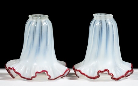UNUSUAL OPALESCENT MINIATURE GAS OR ELECTRIC LAMP SHADES, PAIR