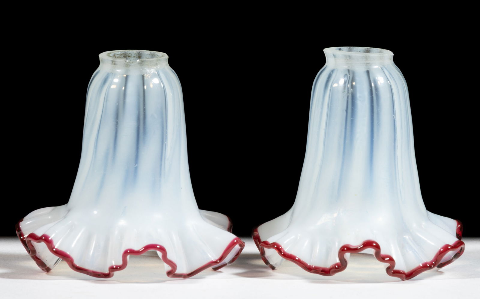 UNUSUAL OPALESCENT MINIATURE GAS OR ELECTRIC LAMP SHADES, PAIR (1 of 2)