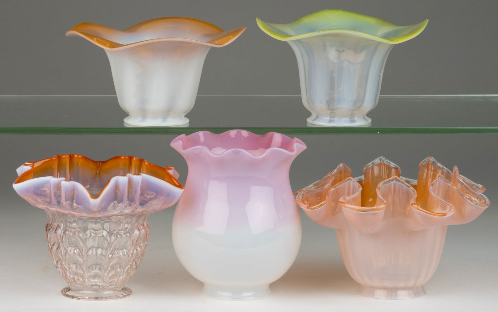 ASSORTED COLORED OPALESCENT ELECTRIC LAMP SHADES, LOT OF FIVE (1 of 1)