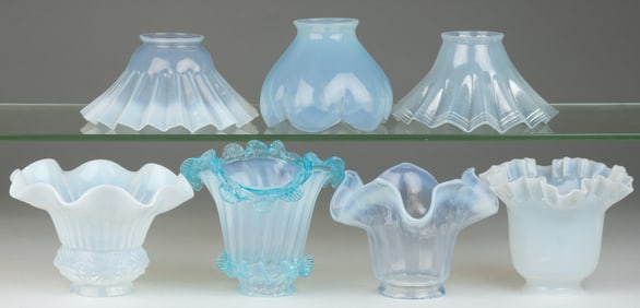 ASSORTED OPALESCENT ELECTRIC LAMP SHADES, LOT OF SEVEN
