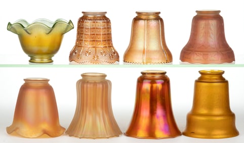 ASSORTED CARNIVAL GLASS ELECTRIC LAMP SHADES, LOT OF EIGHT