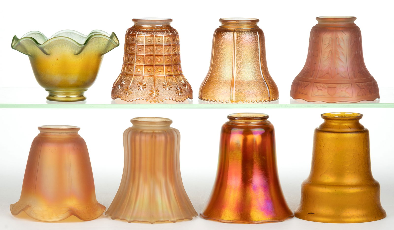 ASSORTED CARNIVAL GLASS ELECTRIC LAMP SHADES, LOT OF EIGHT (1 of 1)