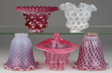 ASSORTED L. G. WRIGHT / FENTON OPALESCENT LAMP SHADES, LOT OF FIVE