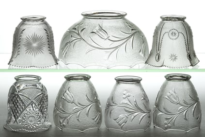 ASSORTED NORTHWOOD AND OTHER COLORLESS ELECTRIC LAMP SHADES, LOT OF SEVEN