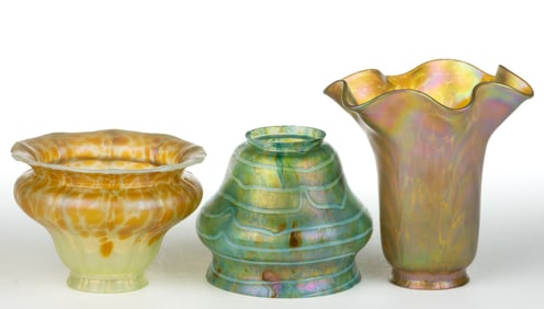 ASSORTED IRIDESCENT ART GLASS ELECTRIC LAMP SHADES, LOT OF THREE