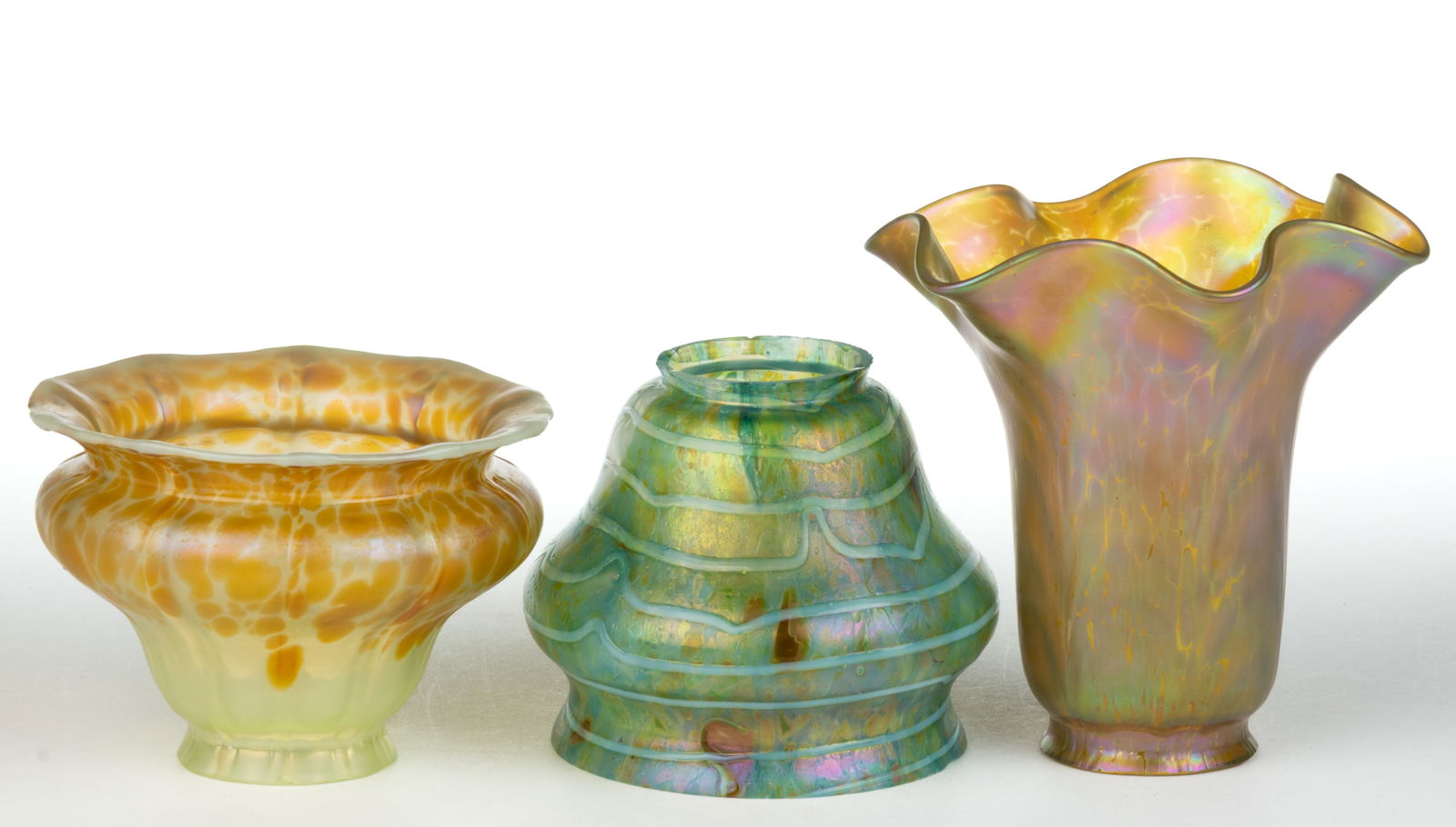 ASSORTED IRIDESCENT ART GLASS ELECTRIC LAMP SHADES, LOT OF THREE (1 of 1)
