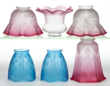 ASSORTED ACID CUT-BACK ELECTRIC LAMP SHADES, LOT OF SIX