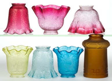 ASSORTED ACID-ETCHED ELECTRIC LAMP SHADES, LOT OF SEVEN