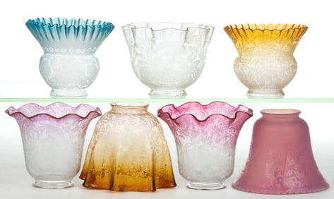 ASSORTED ACID-ETCHED ELECTRIC LAMP SHADES, LOT OF SEVEN