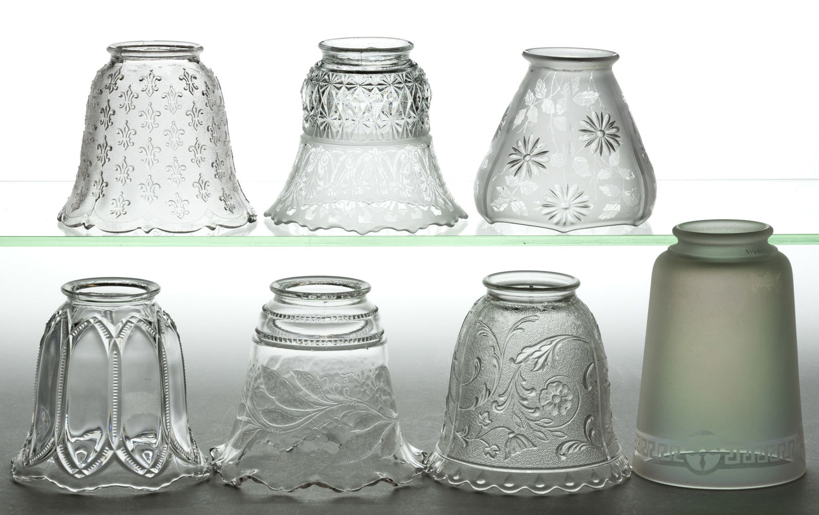 ASSORTED ACID-ETCHED AND OTHER COLORLESS ELECTRIC LAMP SHADES, LOT OF SEVEN (1 of 1)