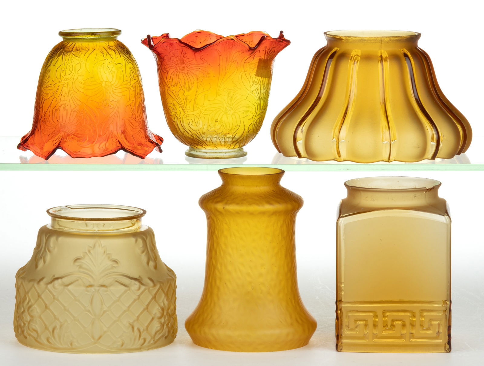 ASSORTED AMBER ELECTRIC AND GAS LAMP SHADES, LOT OF SIX (1 of 1)