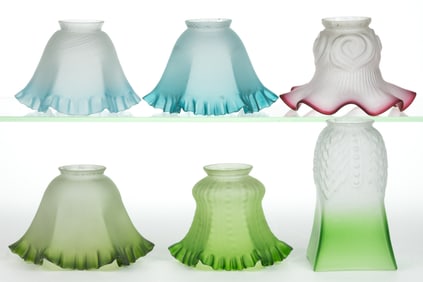 ASSORTED COLORED SATIN ELECTRIC LAMP SHADES, LOT OF SIX