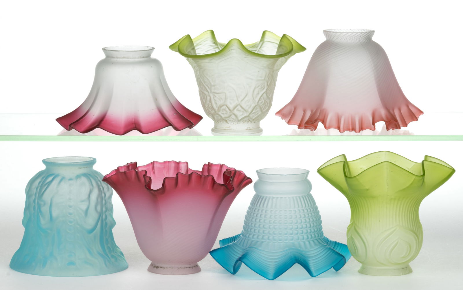 ASSORTED COLORED SATIN ELECTRIC LAMP SHADES, LOT OF SEVEN (1 of 1)