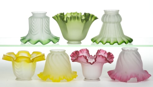 ASSORTED COLORED SATIN ELECTRIC LAMP SHADES, LOT OF SEVEN