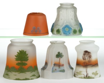 ASSORTED REVERSE-PAINTED AND PAINT-DECORATED ELECTRIC LAMP SHADES, LOT OF FIVE