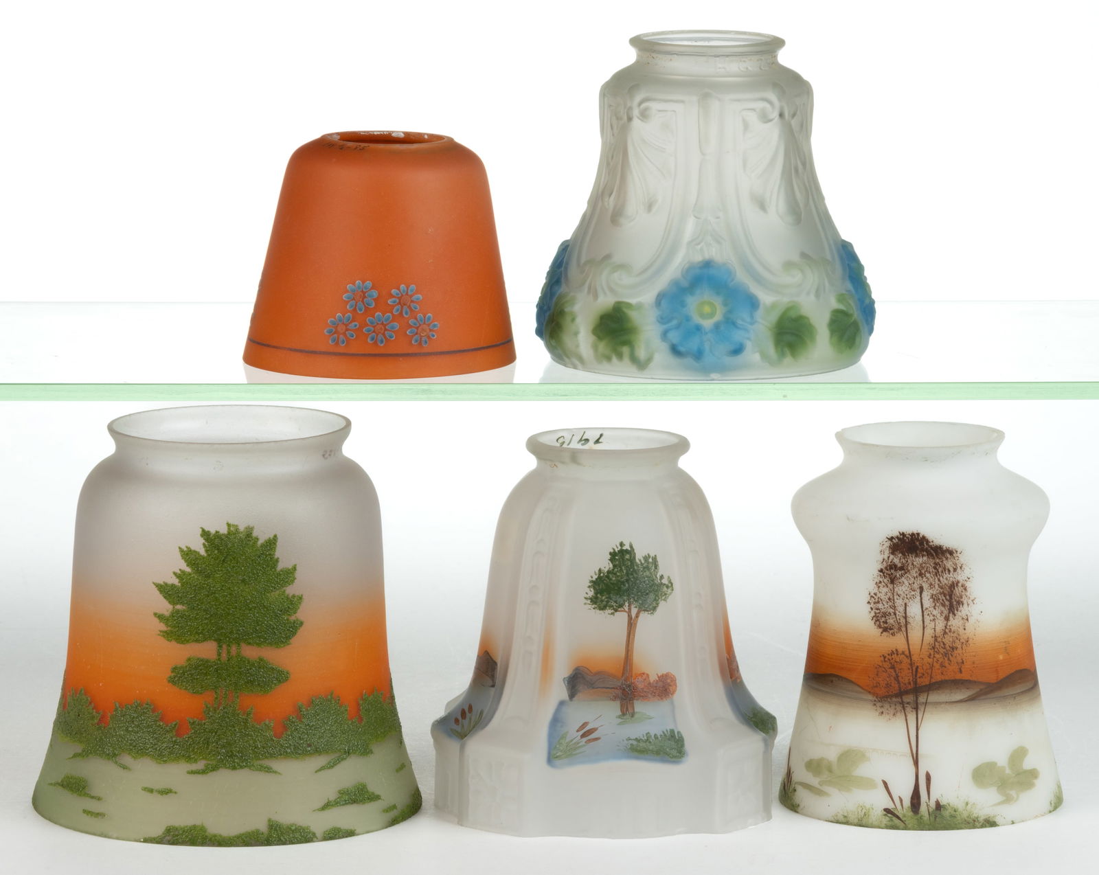 ASSORTED REVERSE-PAINTED AND PAINT-DECORATED ELECTRIC LAMP SHADES, LOT OF FIVE (1 of 1)