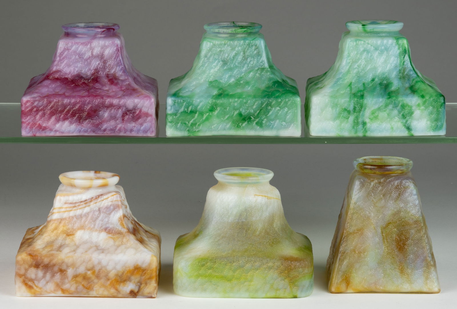 ASSORTED SLAG GLASS ELECTRIC LAMP SHADES, LOT OF SIX: ASSORTED SLAG GLASS ELECTRIC LAMP SHADES, LOT OF SIX, various colors, comprising four of the same form in different colors; one in very similar form to the others with slightly rounded corners; and a