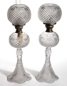 PINEAPPLE AND FAN / SHEPHERD'S PLAID JUNIOR BANQUET KEROSENE STAND LAMPS, PAIR