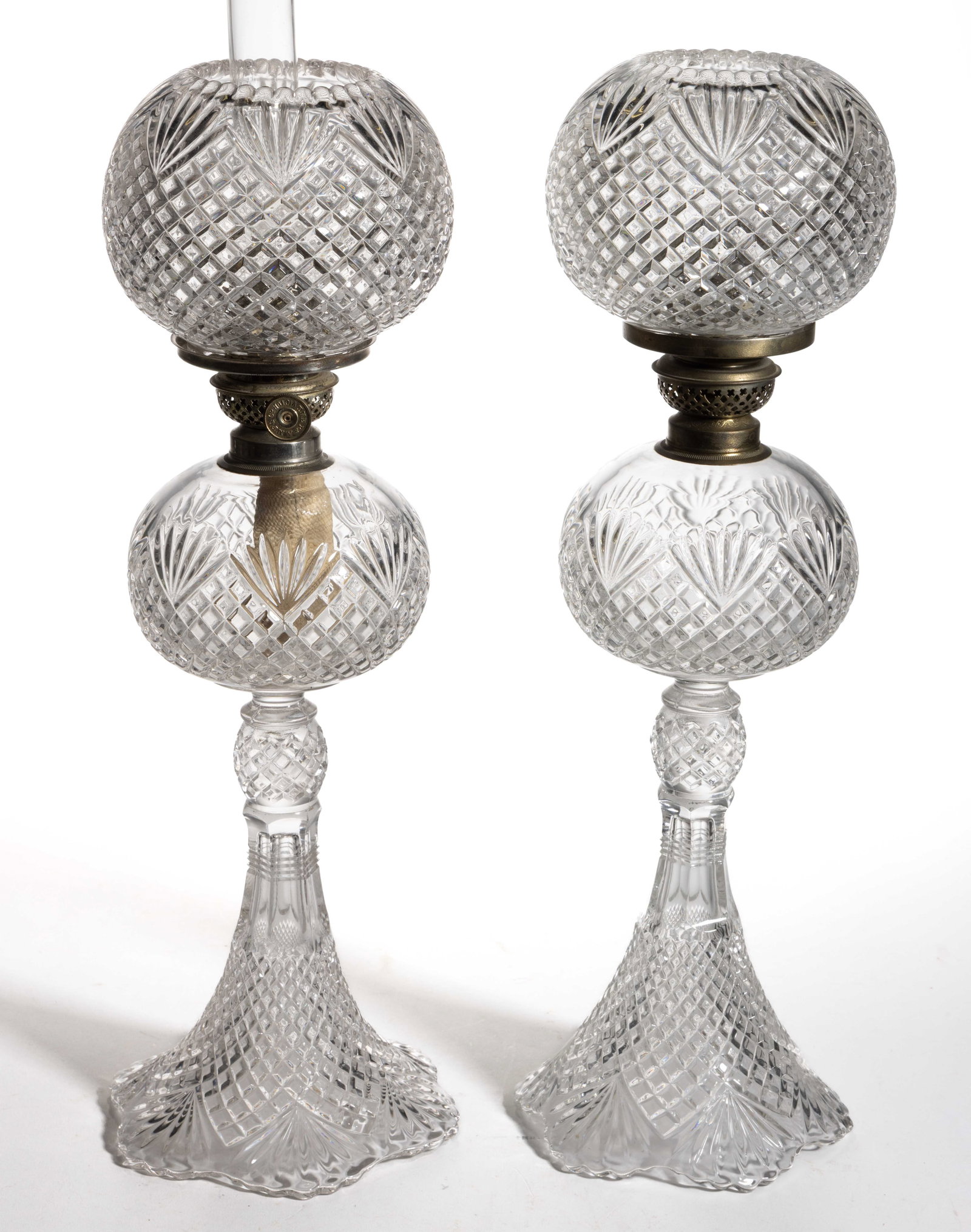PINEAPPLE AND FAN / SHEPHERD'S PLAID JUNIOR BANQUET KEROSENE STAND LAMPS, PAIR (1 of 1)