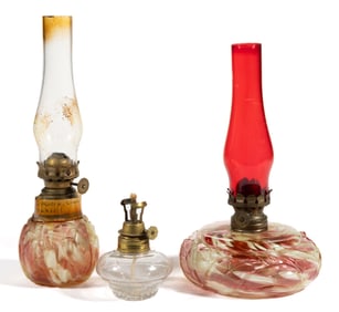 NORTHWOOD'S NO. 333 / LEAF MOLD SPATTER MINIATURE LAMPS, LOT OF TWO