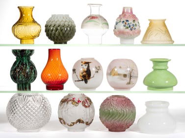 ASSORTED PATTERNS MINIATURE KEROSENE LAMP SHADES / CHIMNEY-SHADES, LOT OF 14