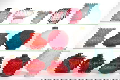 ASSORTED PATTERNS MINIATURE KEROSENE LAMP FONTS AND SHADES, LOT OF 14