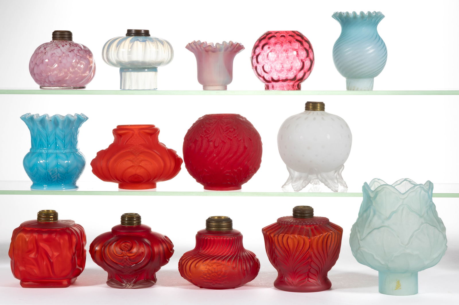 ASSORTED PATTERNS MINIATURE KEROSENE LAMP FONTS AND SHADES, LOT OF 14 (1 of 1)