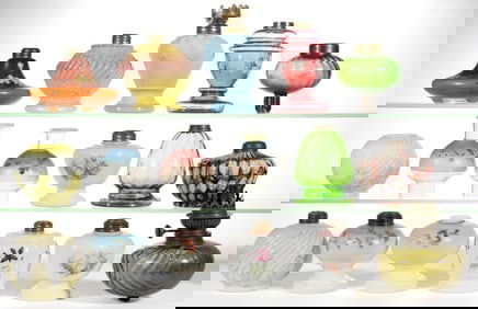 ASSORTED PATTERNS MINIATURE KEROSENE LAMP FONTS AND SHADES/CHIMNEY SHADES, LOT OF 17