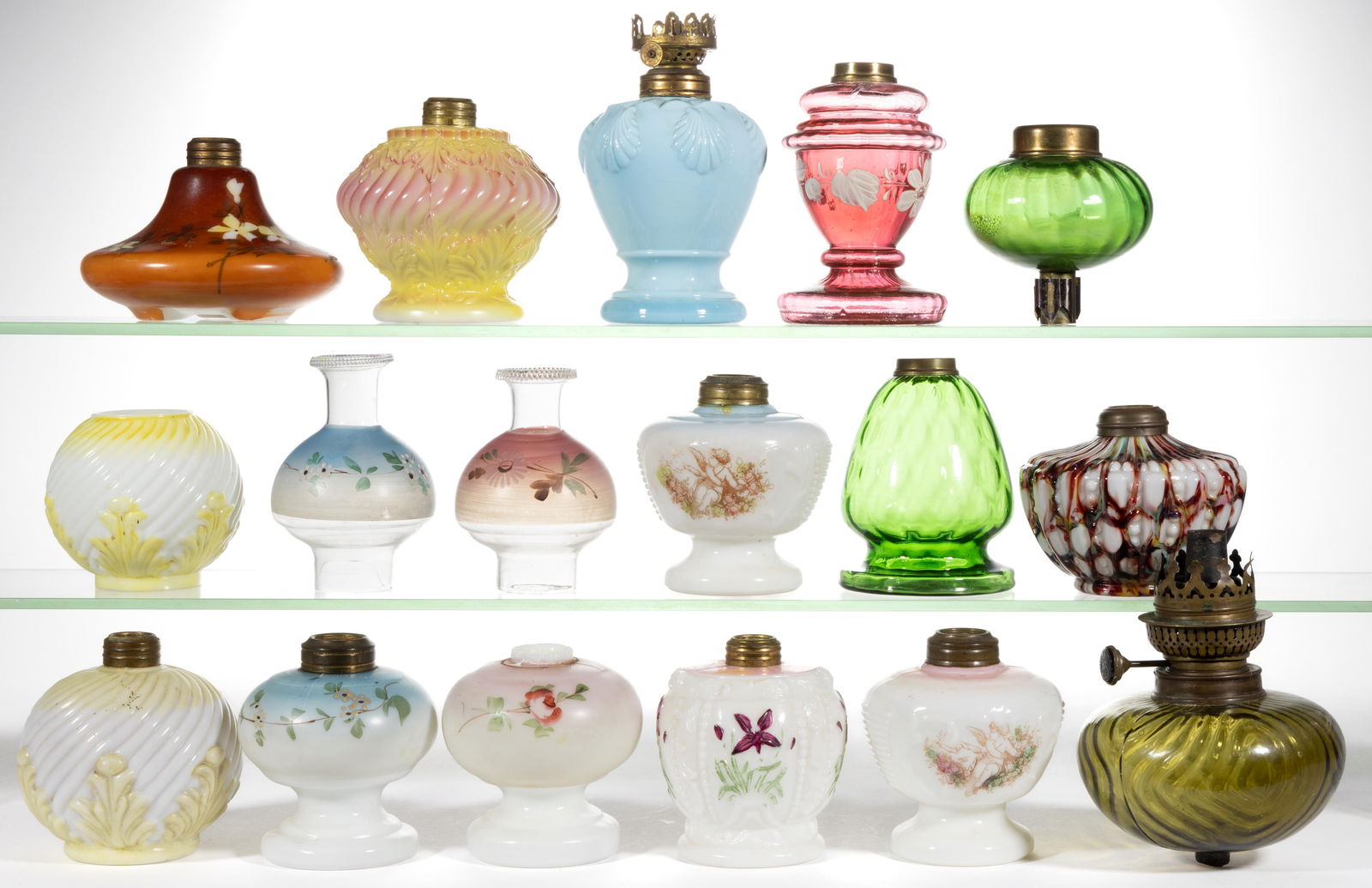 ASSORTED PATTERNS MINIATURE KEROSENE LAMP FONTS AND SHADES/CHIMNEY SHADES, LOT OF 17 (1 of 1)