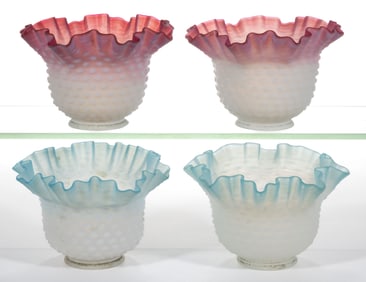 HOBNAIL SATIN GLASS MINIATURE KEROSENE LAMP SHADES, LOT OF TWO PAIR
