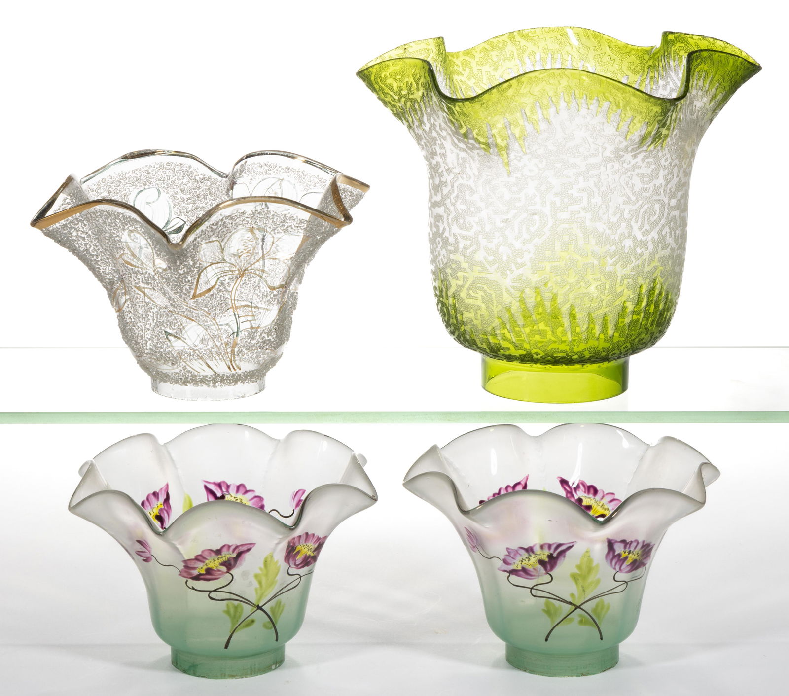 ASSORTED VICTORIAN DECORATED MINIATURE / JUNIOR KEROSENE LAMP SHADES, LOT OF FOUR (1 of 1)