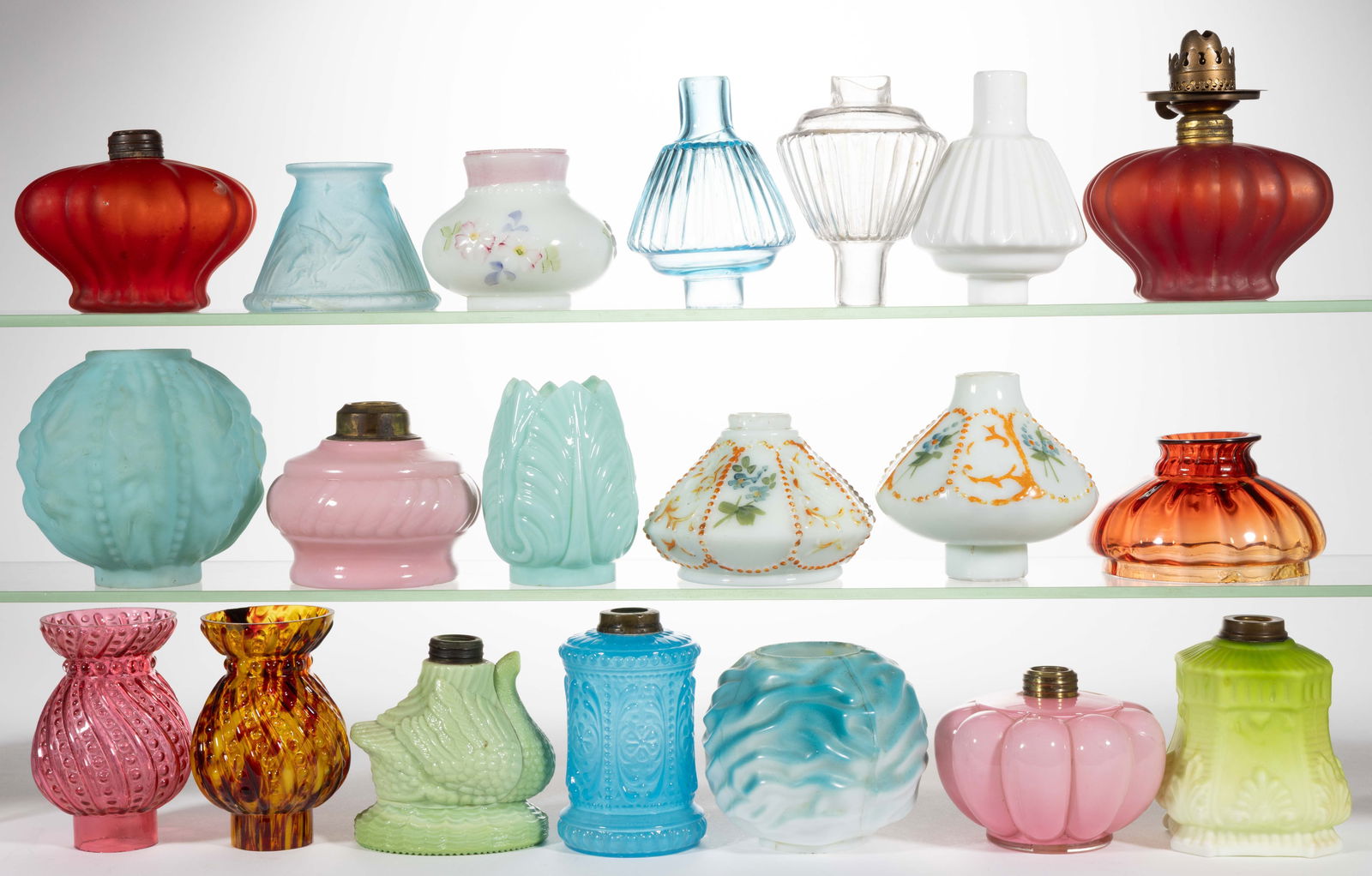 ASSORTED MINIATURE KEROSENE LAMP FONTS AND SHADES, LOT OF 20 (1 of 1)