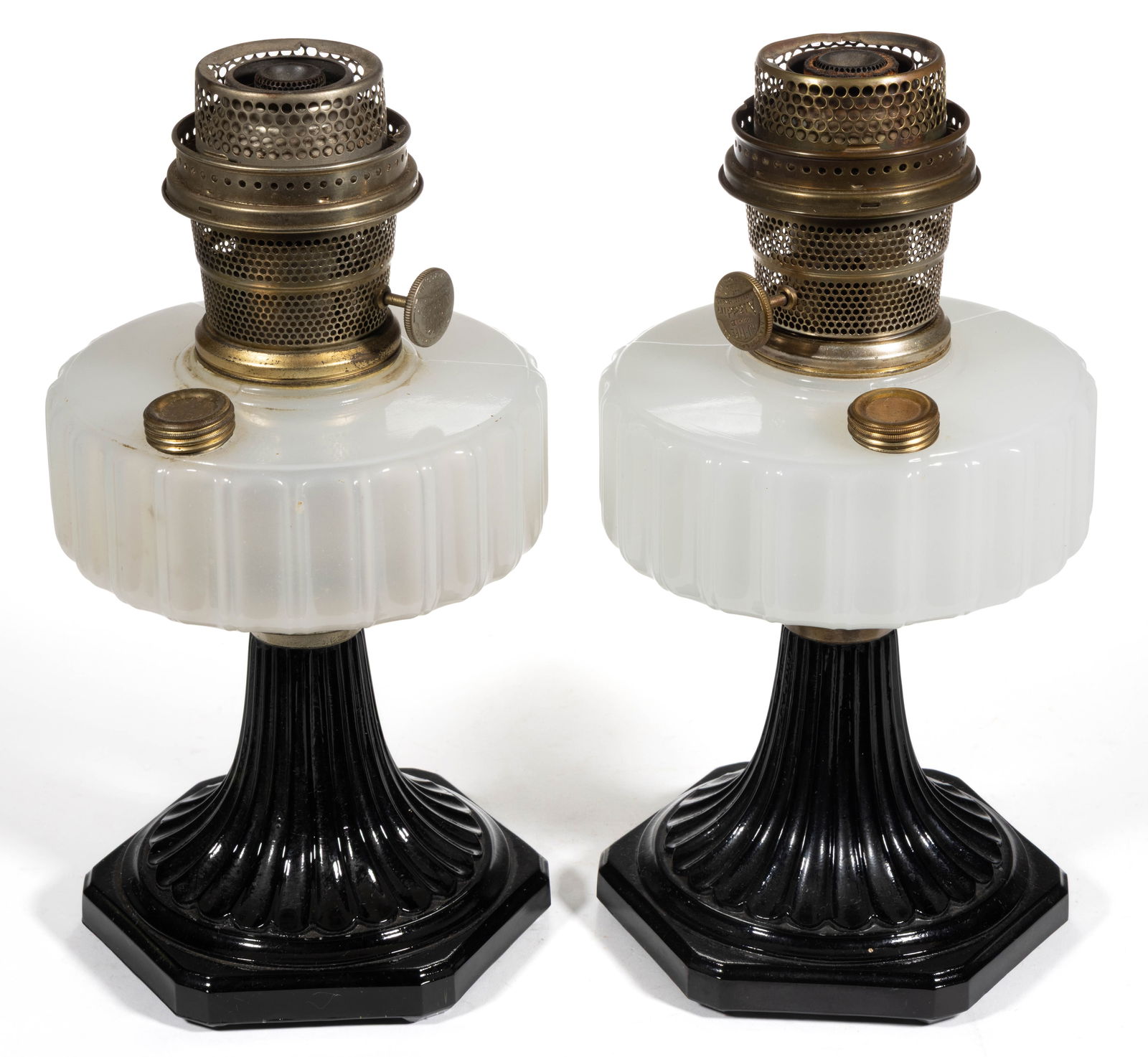 ALADDIN MODEL B-124 / CORINTHIAN KEROSENE STAND LAMPS, LOT OF TWO: ALADDIN MODEL B-124 / CORINTHIAN KEROSENE STAND LAMPS, LOT OF TWO, White Moonstone Art Glass font, Black Crystal base, hexagonal-form foot with underside having six oblong toes, two-piece constru