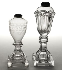 ASSORTED FREE-BLOWN AND / OR PRESSED WHALE OIL / FLUID STAND LAMPS, LOT OF TWO