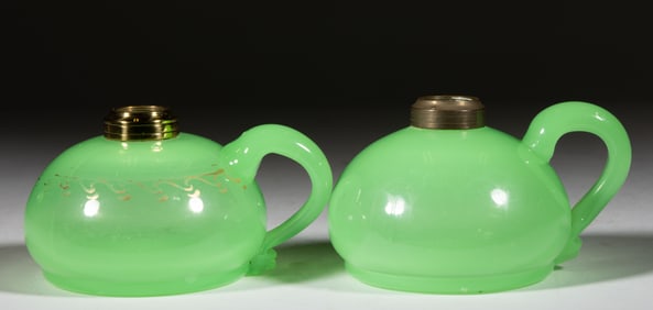 BLOWN-MOLDED ALABASTER KEROSENE FINGER LAMPS, NEAR PAIR