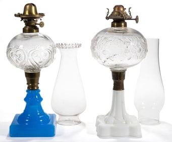 ASSORTED PRESSED PATTERN KEROSENE STAND LAMPS, LOT OF TWO