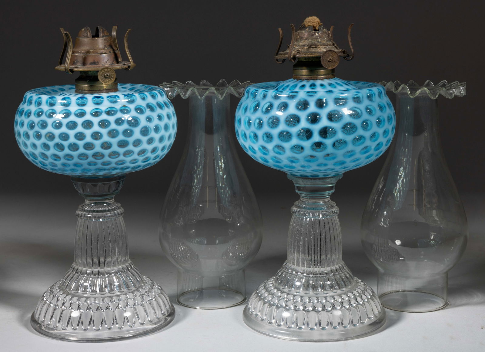 HOBBS NO. 326 WINDOWS / COIN DOT KEROSENE STAND LAMPS, NEAR PAIR (1 of 1)