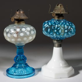 ASSORTED OPALESCENT PATTERNED KEROSENE STAND LAMPS, LOT OF TWO