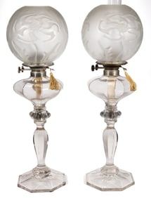 FOSTORIA NO. 17 GLASS KEROSENE BANQUET LAMP, PAIR