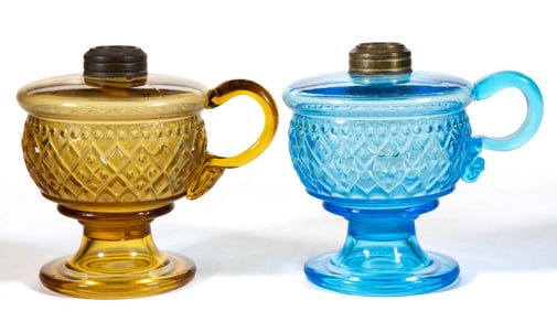 BEADED DIAMOND BAND KEROSENE FOOTED FINGER LAMPS, LOT OF TWO