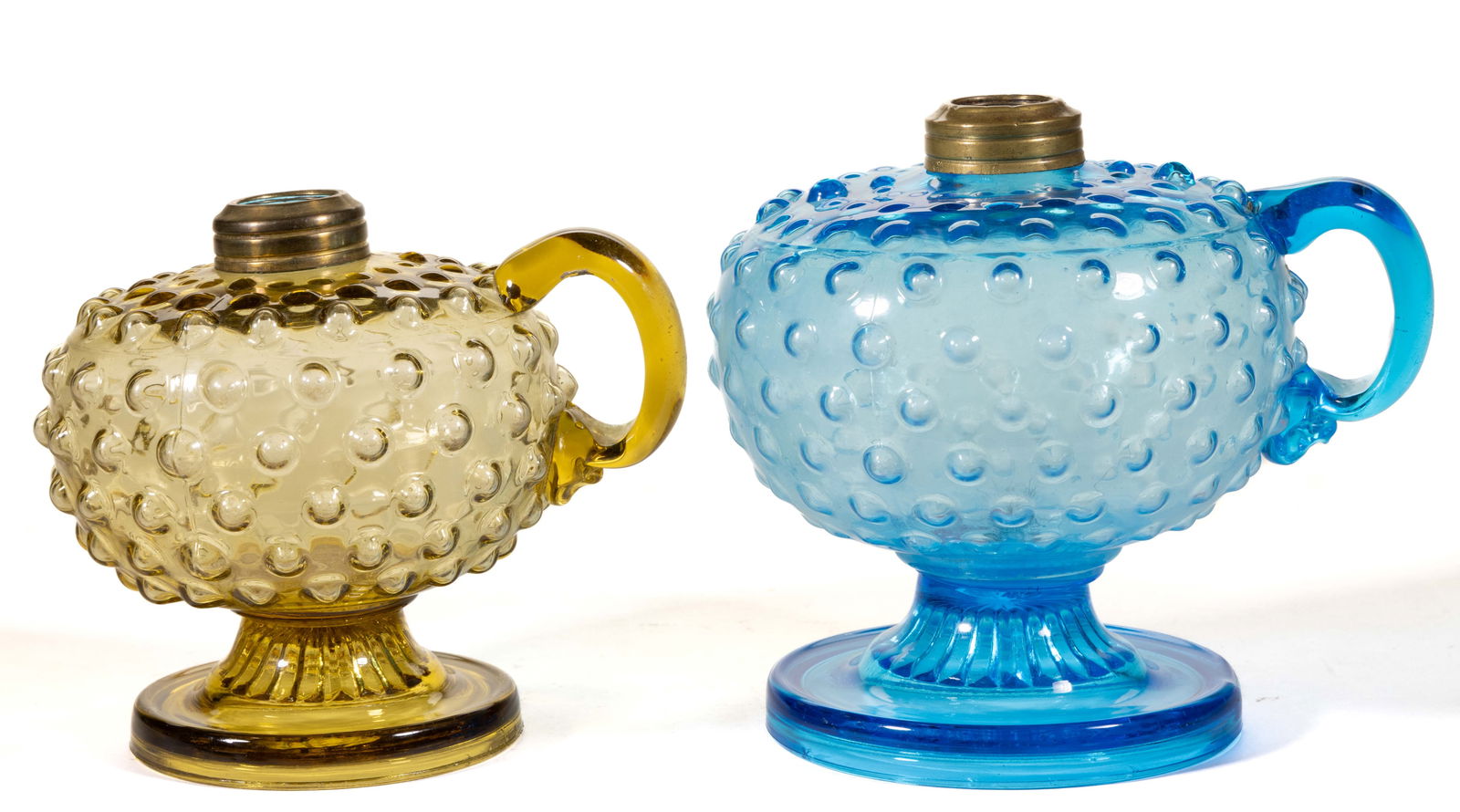 CENTRAL NO. 858 / DEWDROP AND PANEL / BEADED PANEL KEROSENE FOOTED FINGER LAMPS, LOT OF TWO (1 of 1)