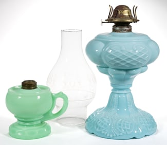 ASSORTED PATTERNED OPAQUE GLASS KEROSENE LAMPS, LOT OF TWO